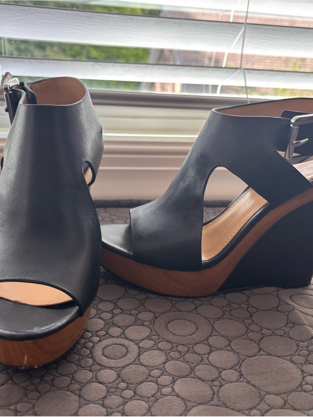 Michael Kors Black Leather Cutout Wedge Sandals with Wood-Tone Platform